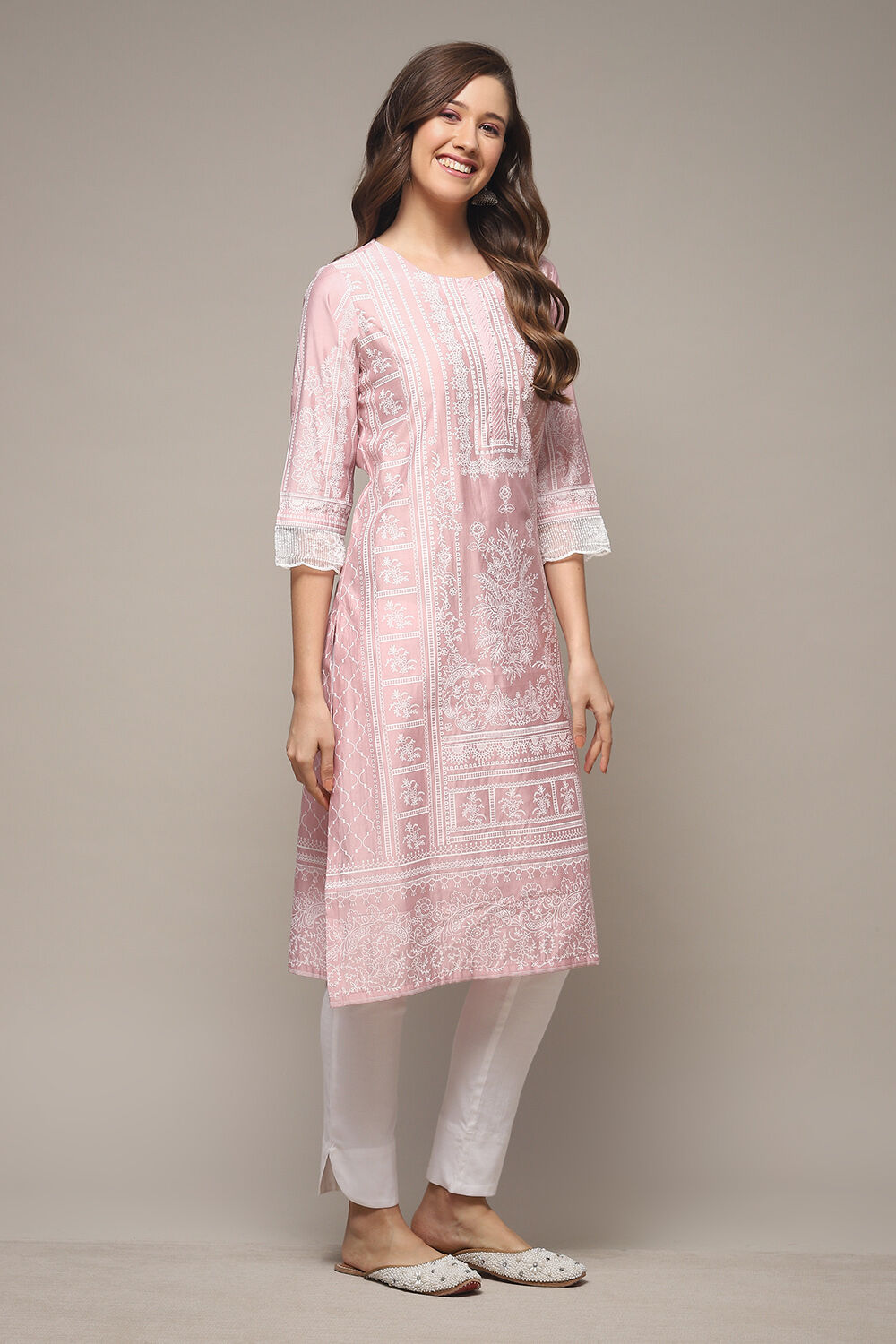 Pink Viscose Straight Printed Kurta image number 4