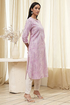 Pink Cotton Printed Straight Kurta image number 3
