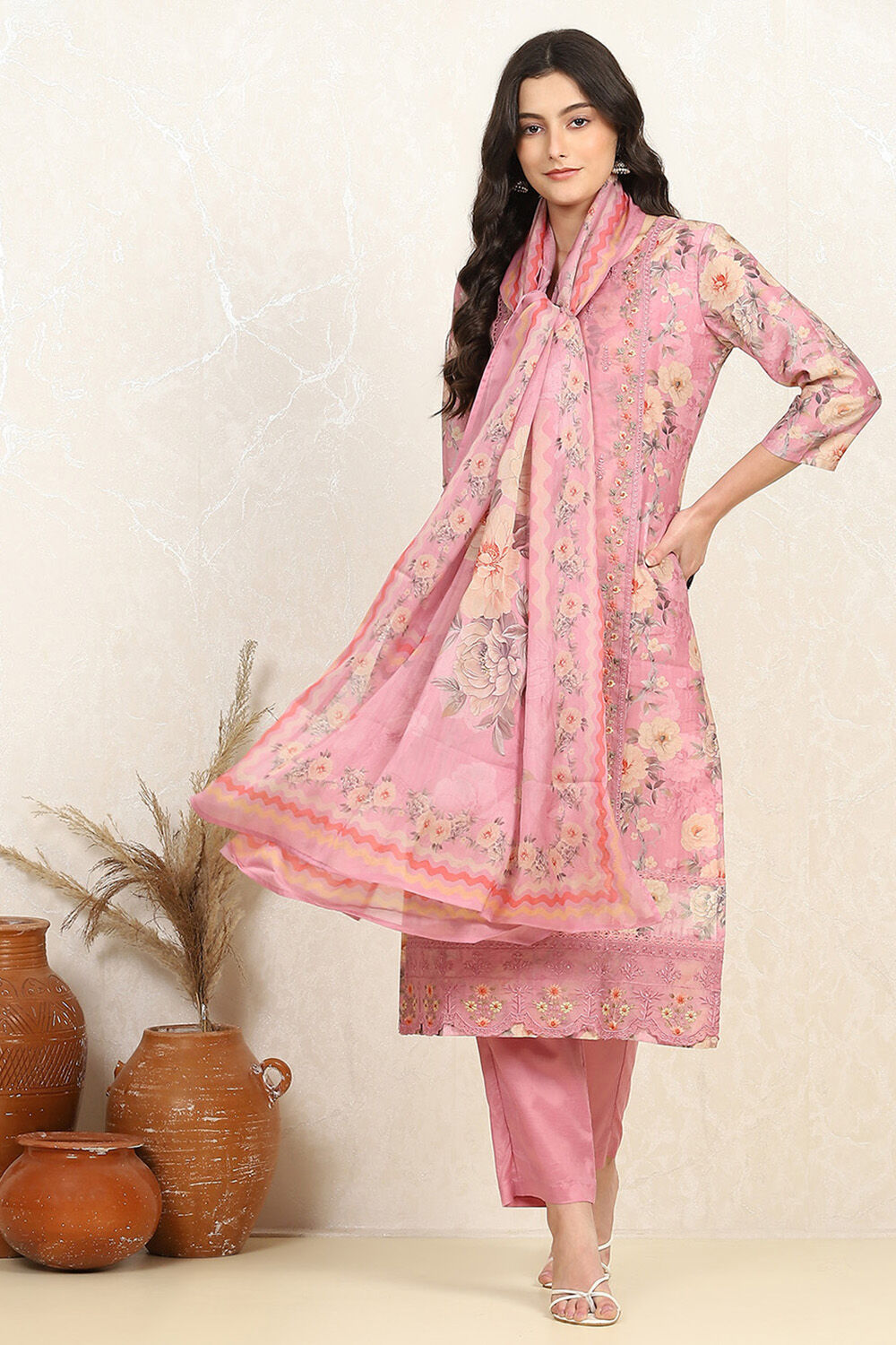 Orange Muslin Unstitched Suit Set image number 1