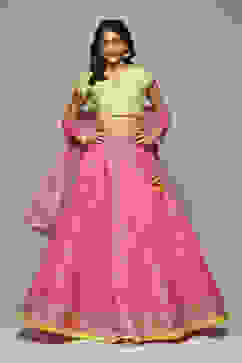 Fuschia & Lime Green Cotton Blend Lehenga Set image number 7