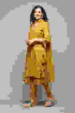 Lime Yellow Silk Layered Kurta Churidar Suit Set image number 4