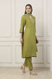 Green Viscose Yoke Embroidered Straight Suit Set image number 5