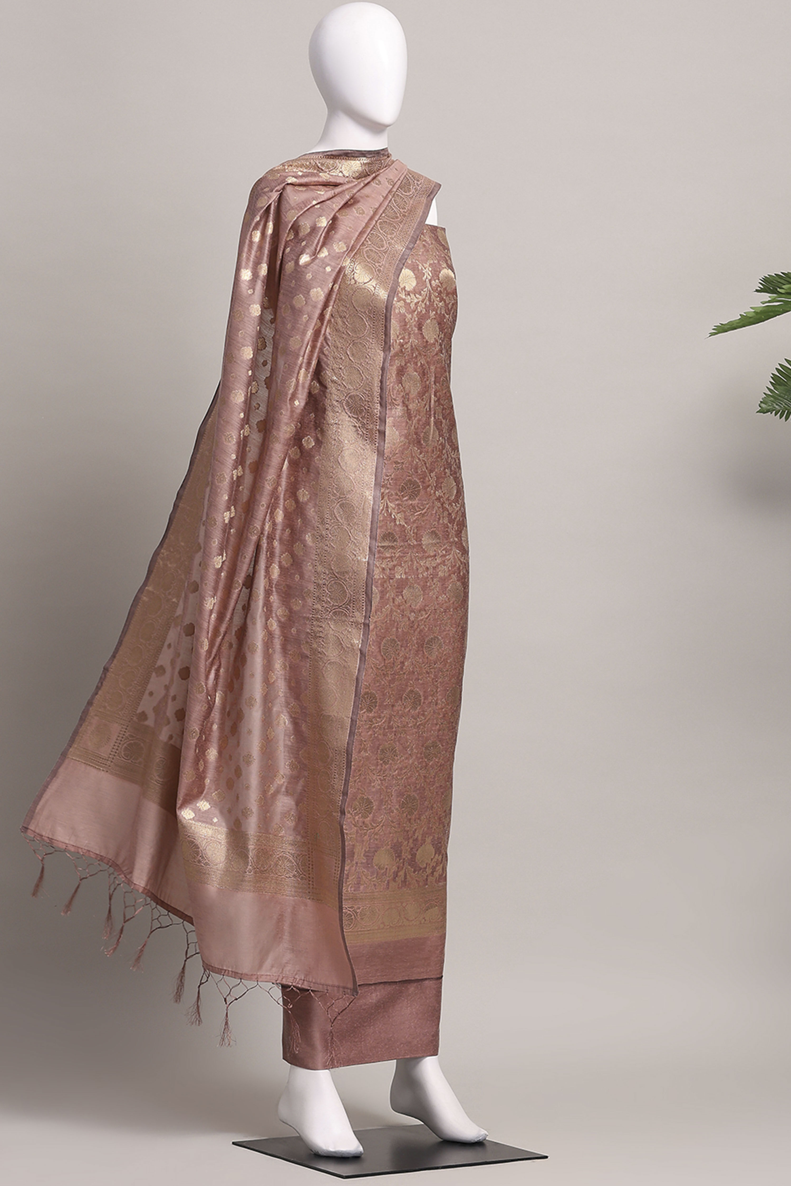 Dusty Mauve Banarasi Chanderi Banarasi Print Unstitched Suit Set image number 4