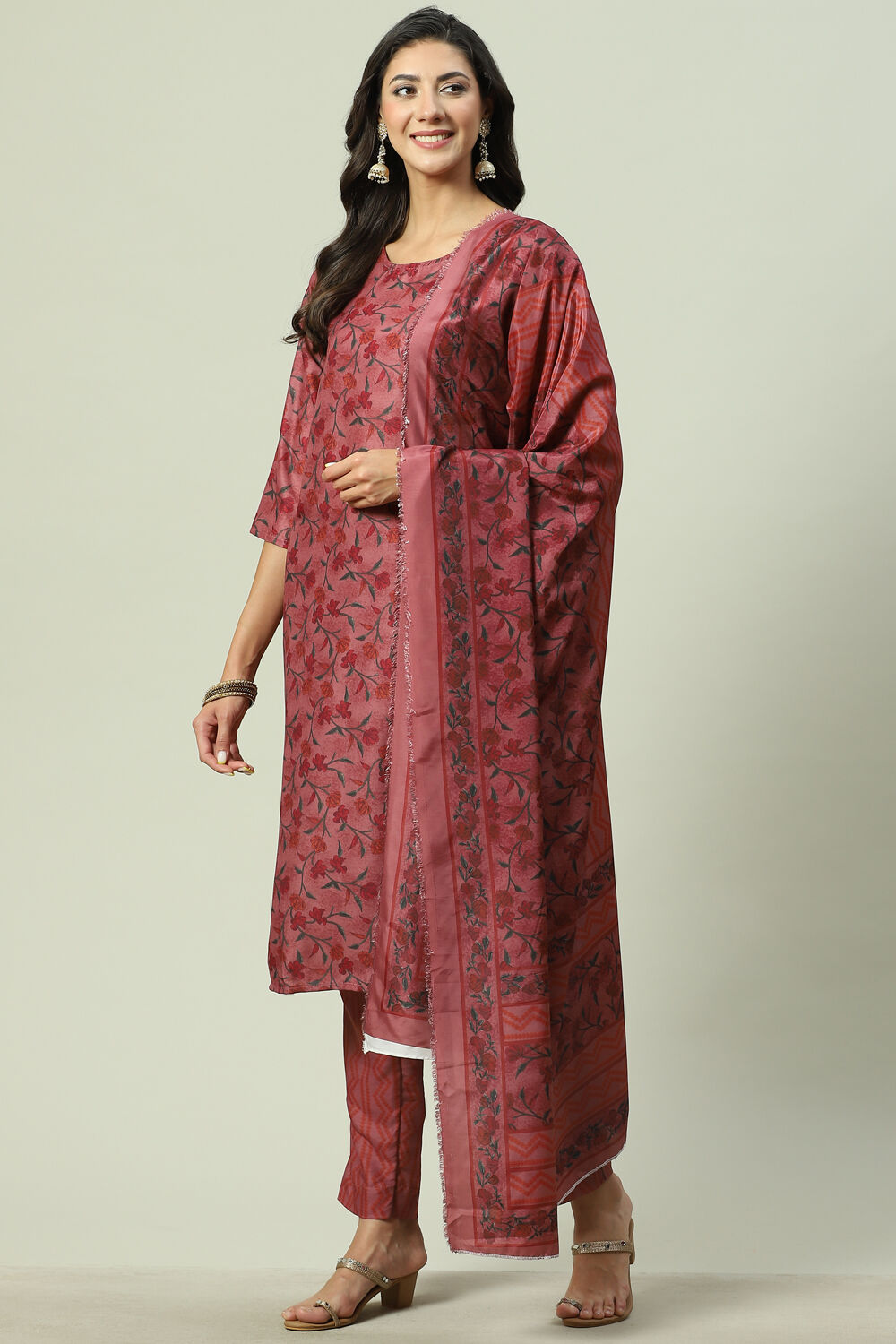 Orange Modal Digital Print Unstitched Suit Set image number 0