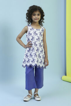 White and Blue Cotton Embroidered Straight Kurta Set image number 6