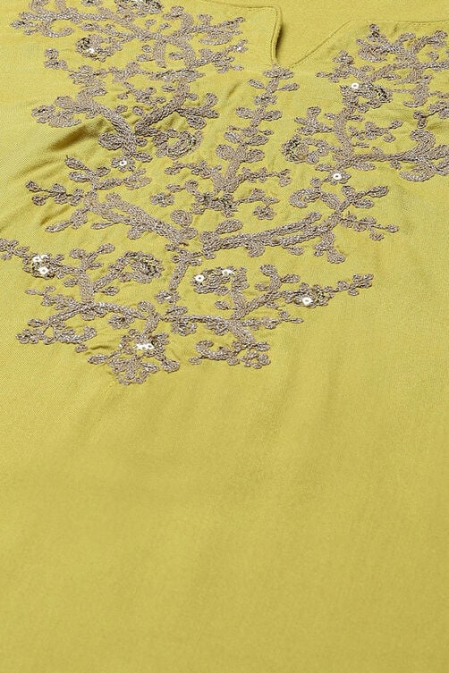 Lime Green Rayon flax Narrow Kurta Pant Suit Set image number 1