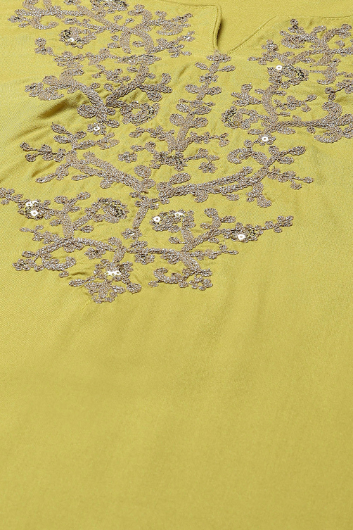 Lime Green Rayon flax Narrow Kurta Pant Suit Set image number 1