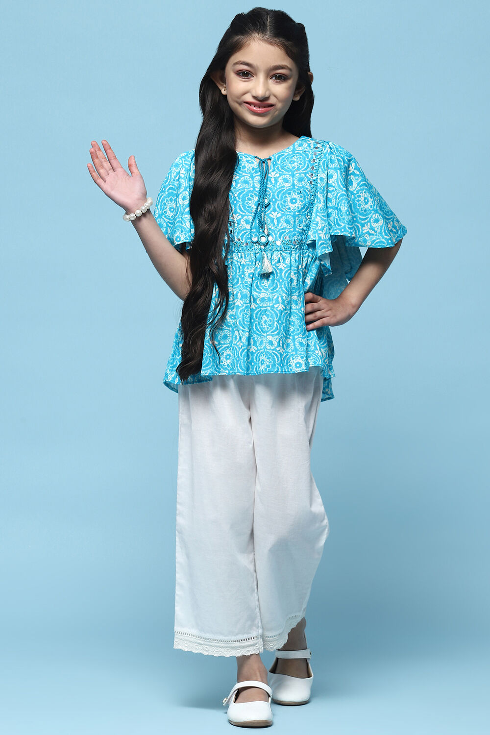 Aqua Printed Rayon Top With Mirror Detail image number 0