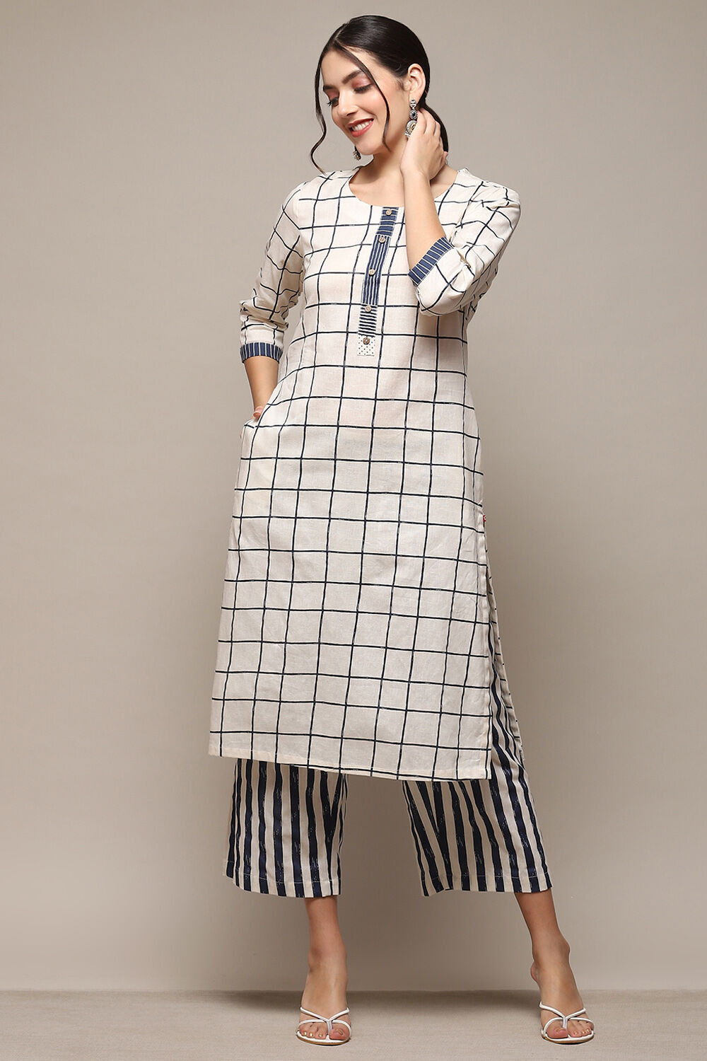 Natural & Blue Cotton Flax Straight Kurta Palazzo Suit Set image number 0