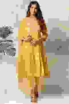 Mustard Viscose Kalidar Kurta Slim Pant Suit Set image number 0