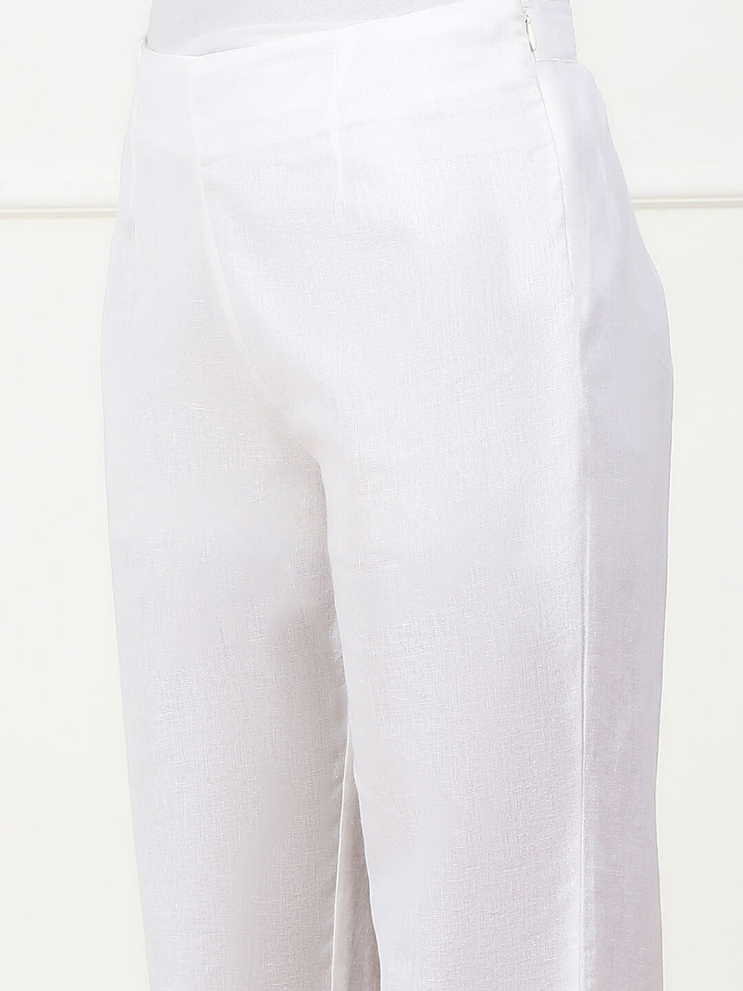 White Solid Cotton Blend Narrow Pants image number 1