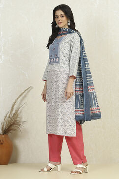 Blue Cotton Printed Embroidered Unstitched Suit Set image number 4