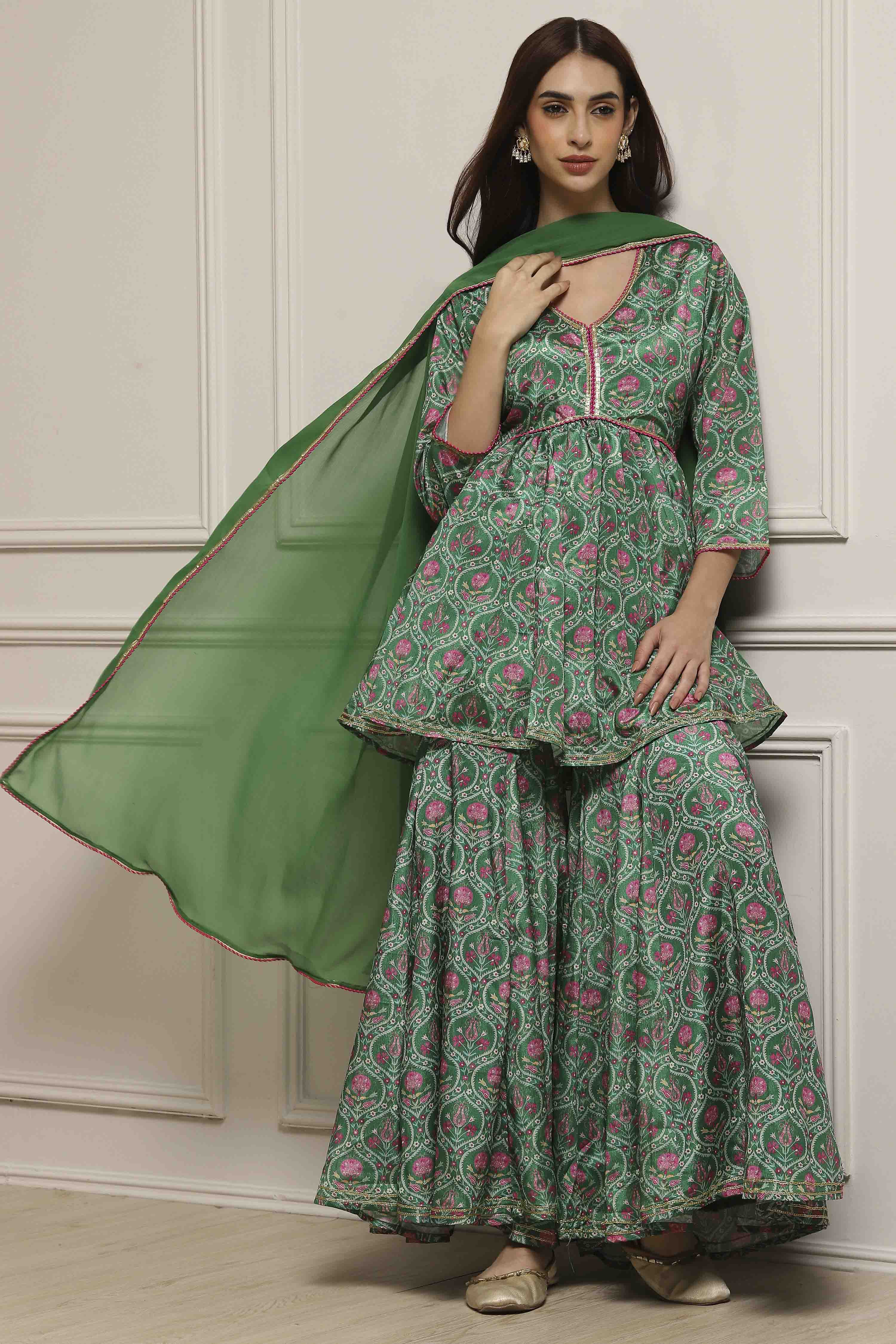 Green Art Silk Gathered Garara Set image number 0