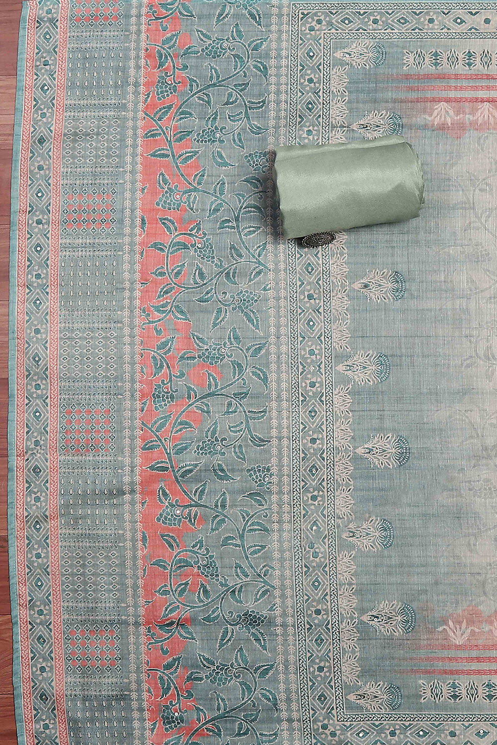 Teal Chanderi Hand Embroidered Unstitched Suit Set image number 3