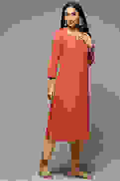 Orange Cotton Straight Kurta image number 5