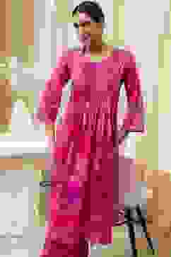 Pink Cotton Printed Pleated Kurta Set image number 7