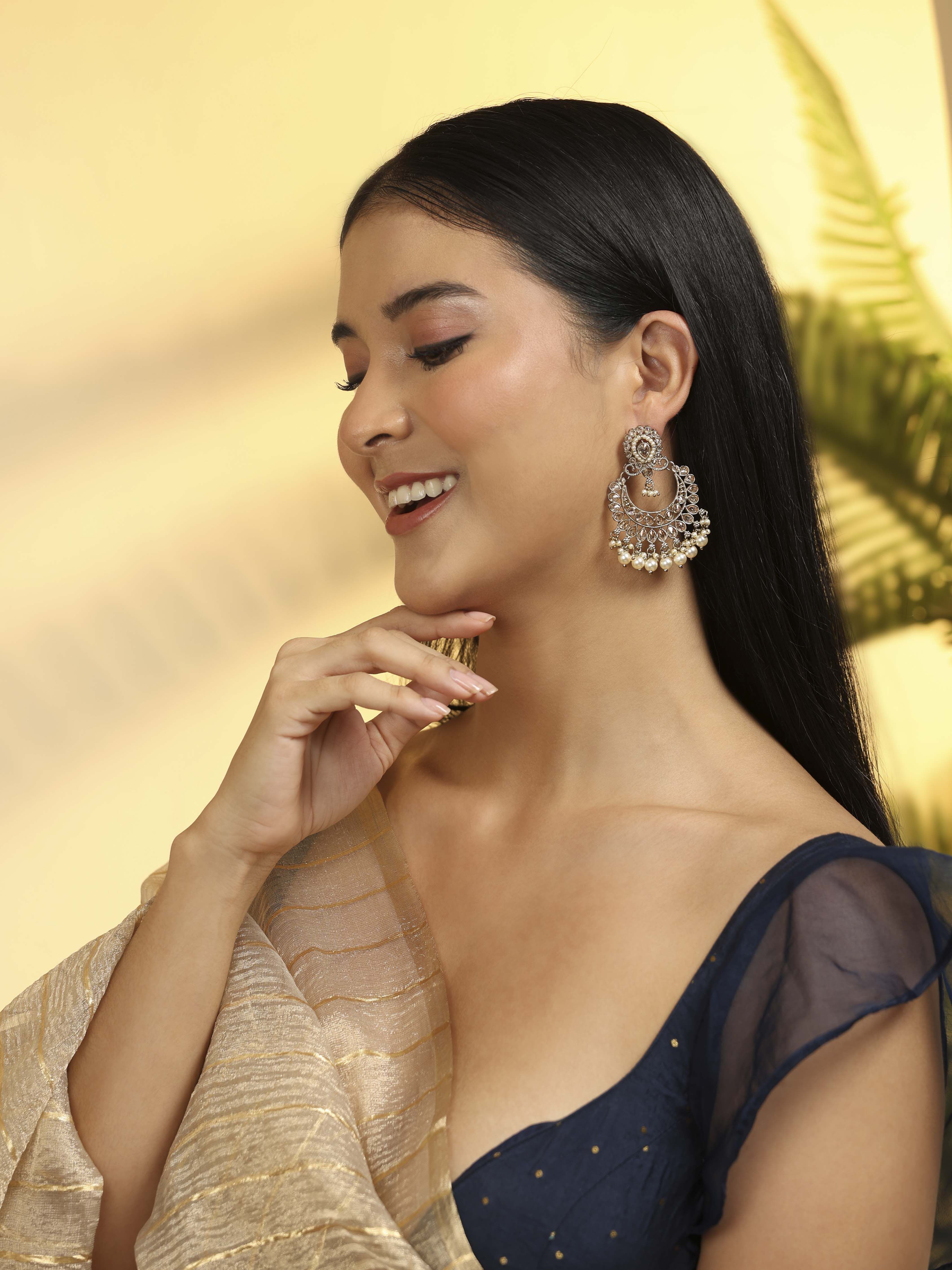 Pearl Gold Plated Brass Chaandbali Earrings image number 3