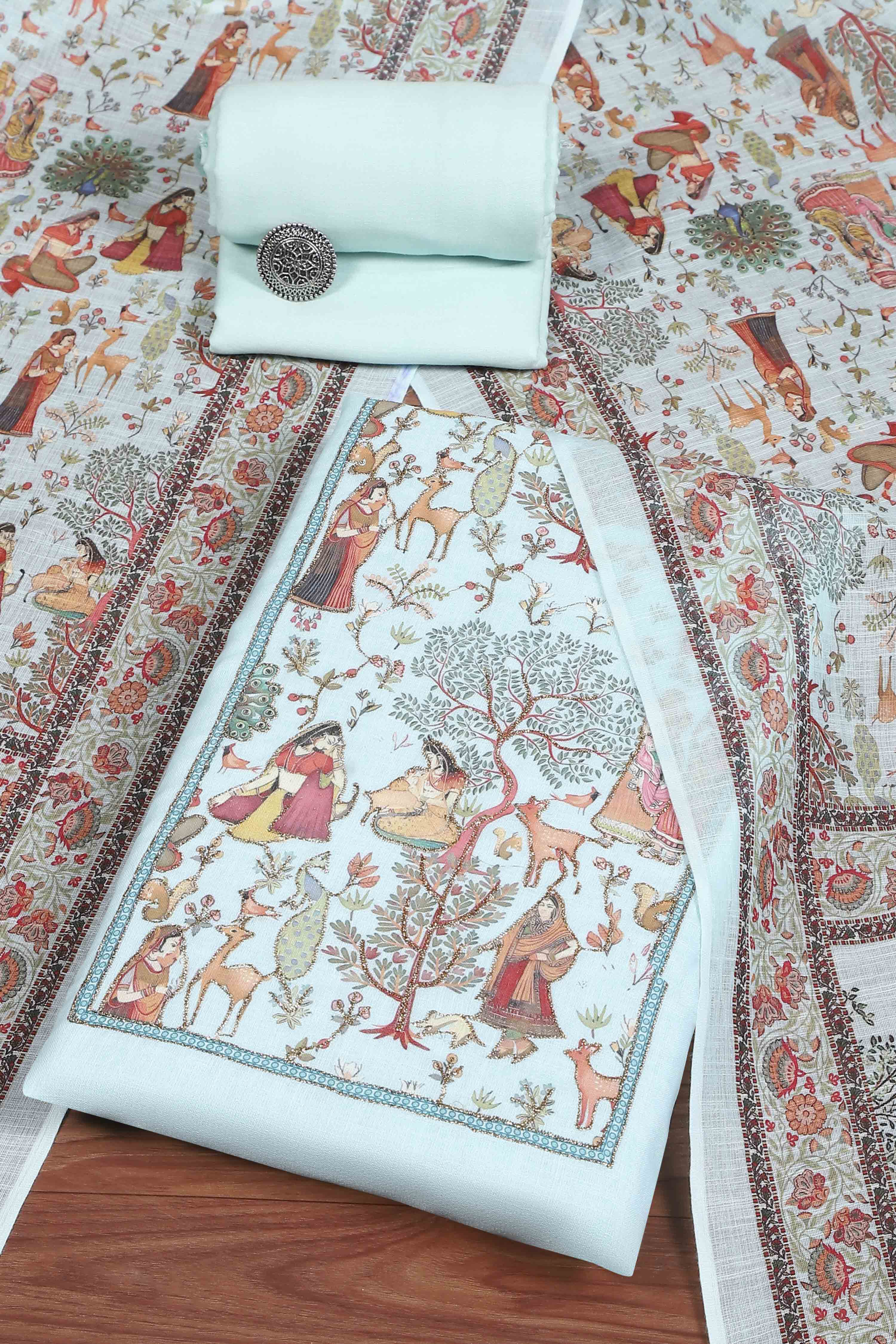 Pink Cotton Printed Embroidered Unstitched Suit Set image number 0