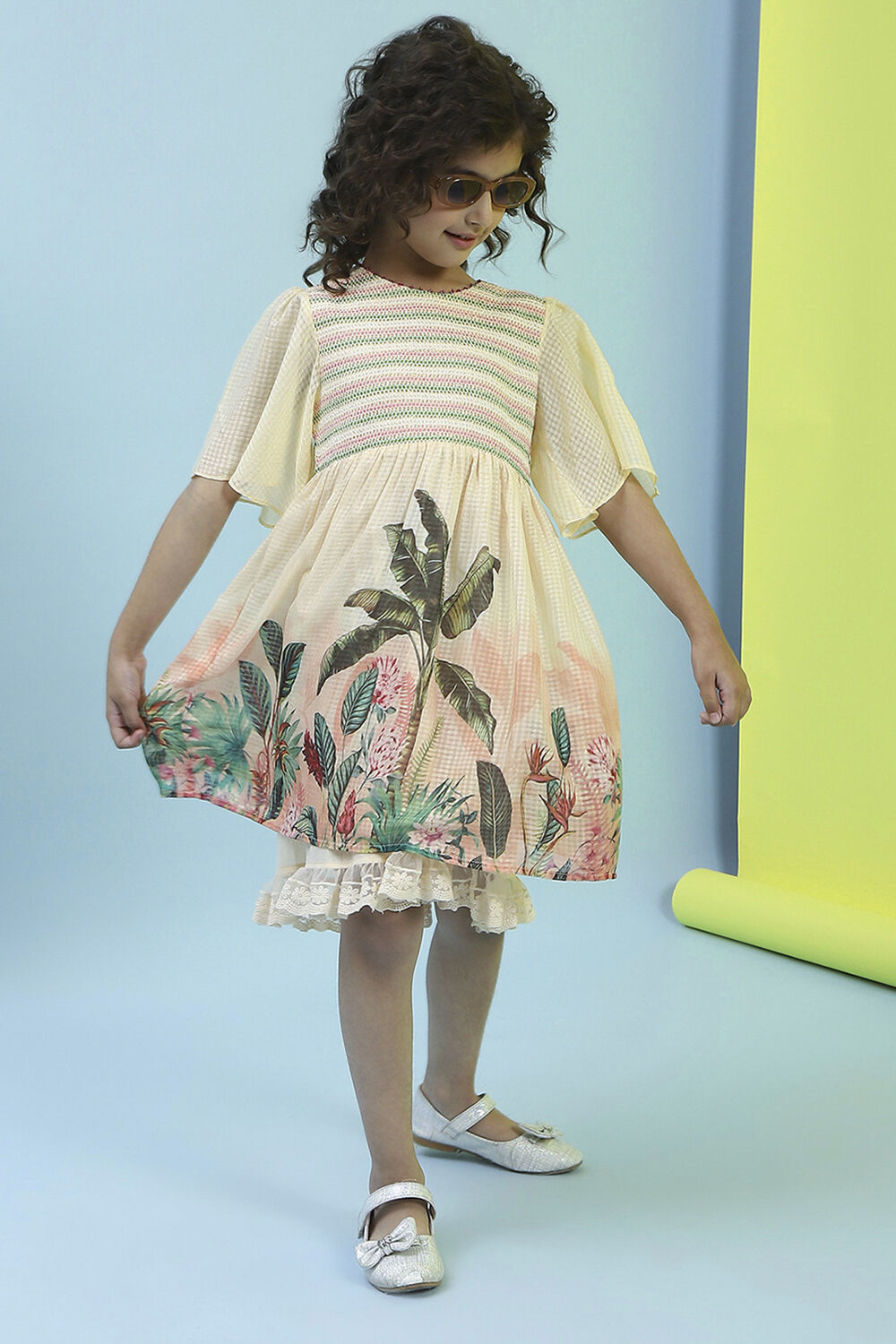 Beige Printed Gathered Dress image number 6