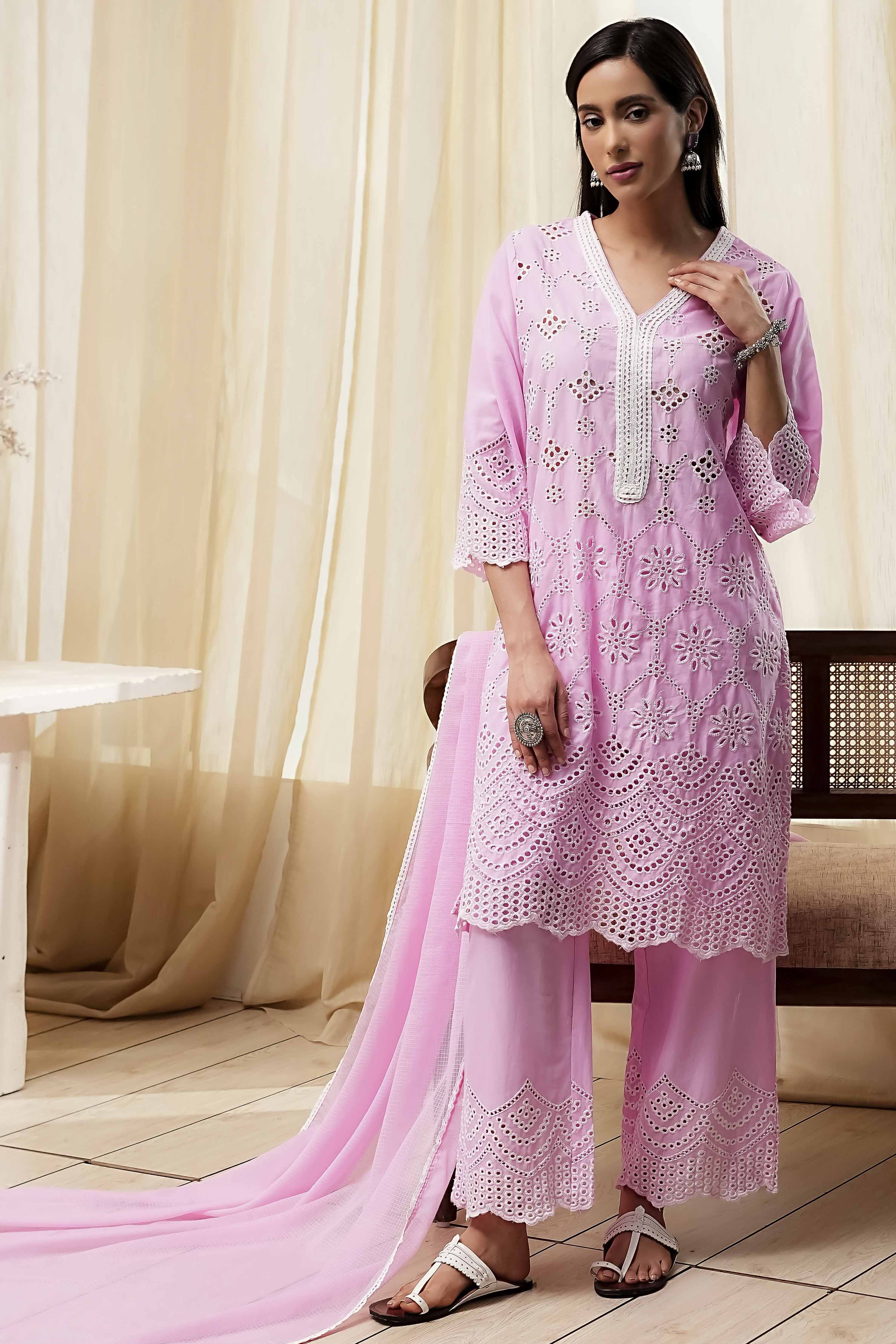 Pink Cotton Schiffli Straight Suit Set image number 0