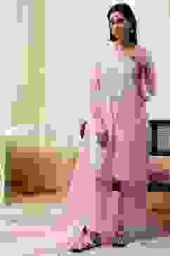 Pink Cotton Schiffli Straight Suit Set image number 0