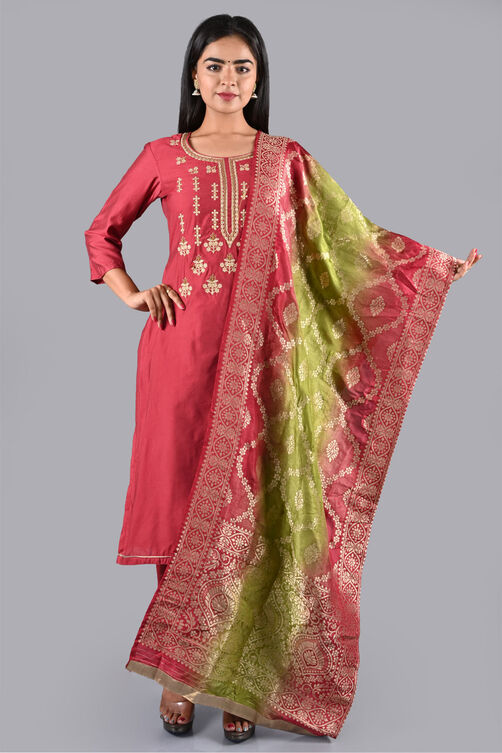 Red Muslin Cotton Easy Stitch Suit Set image number 0
