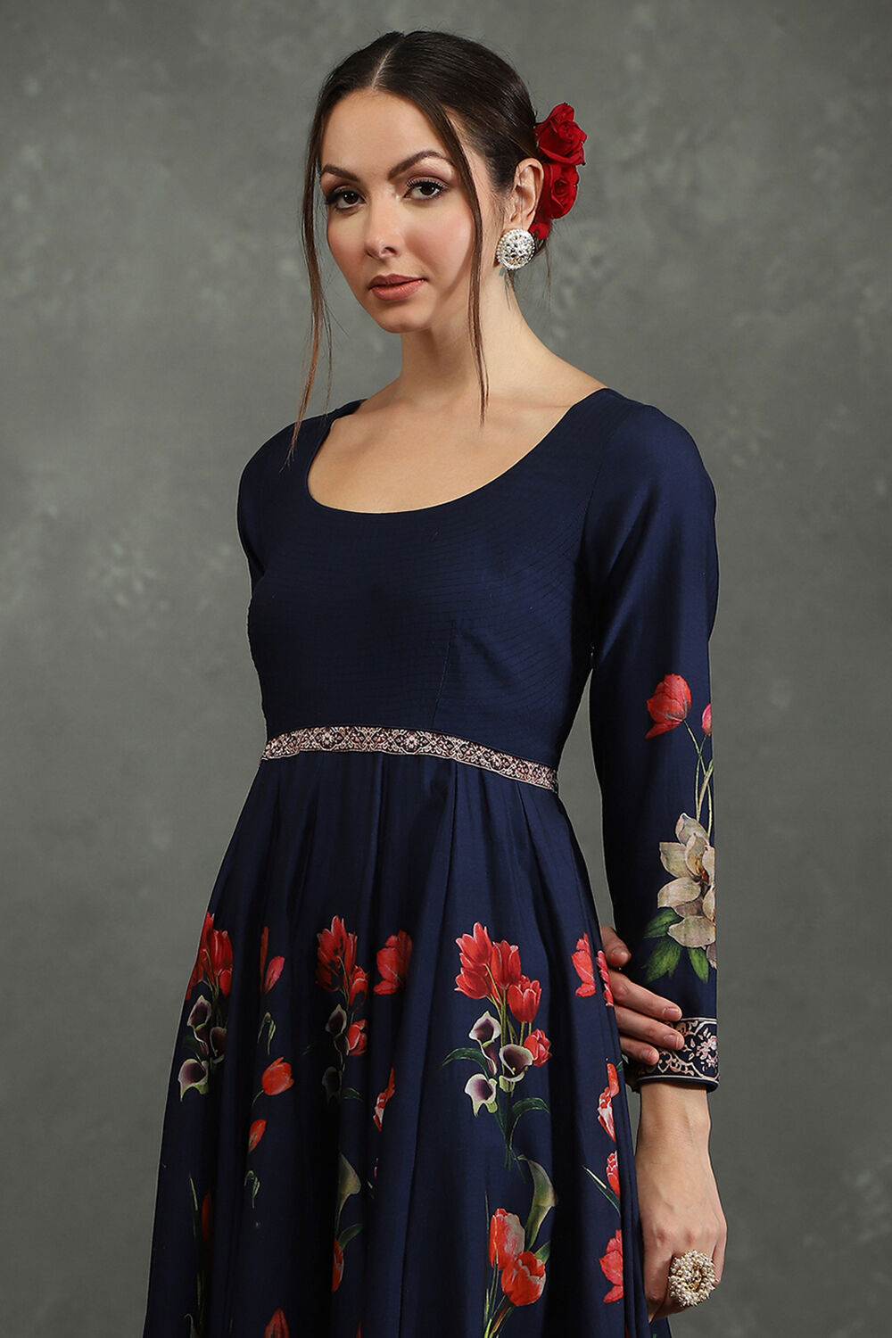 Rohit Bal Navy Blue Silk Chanderi Floral Anarkali Suit Set image number 1