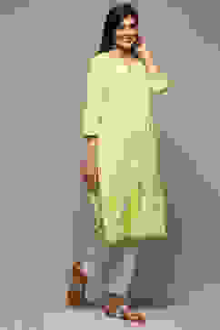 Sea Green Cotton Straight Embroidered Kurta image number 3