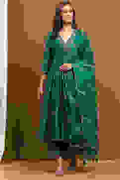 Green Embroidered Angrakha Festive Anarkali Suit Set image number 6