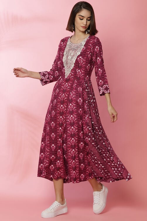 Blue Rayon Flared Lace Printed Dress image number 0