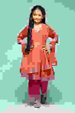 Orange Polyester Front Open Printed Suit Set image number 7