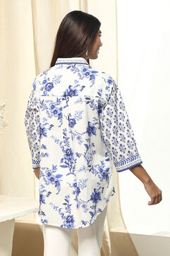 White and Blue Cotton High-Low Straight Shirt image number 3