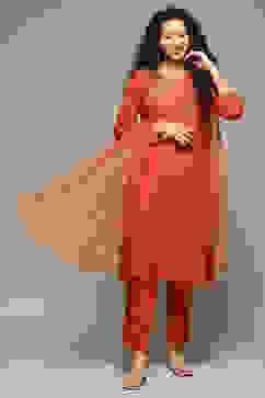 Burnt Orange Rayon Straight Kurta Pants Suit Set image number 0