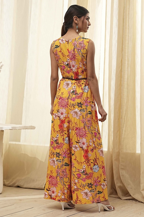 Yellow Cotton Floral Flared Jumpsuit image number 3