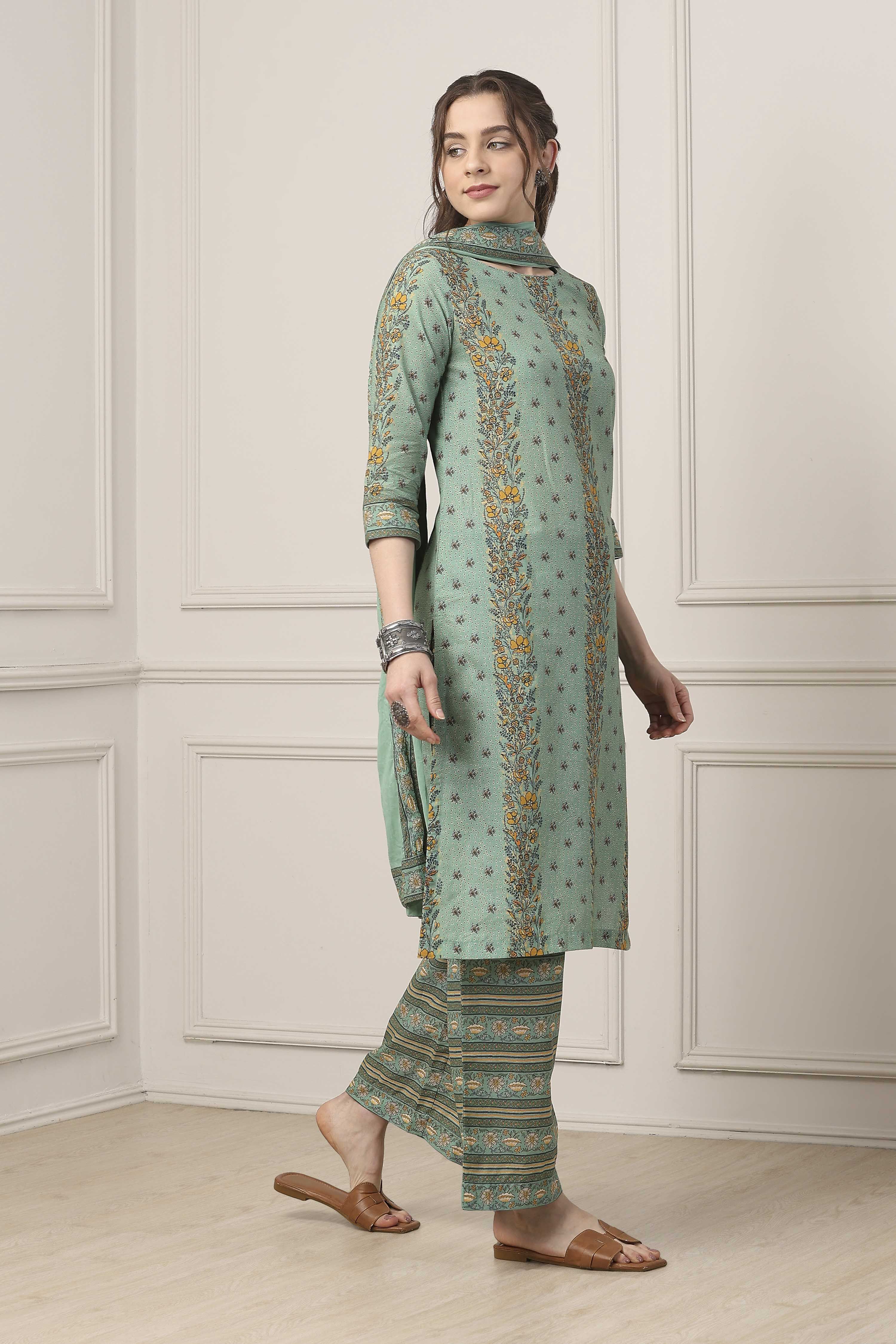 Sage Green Printed Cotton Straight Suit Set image number 5