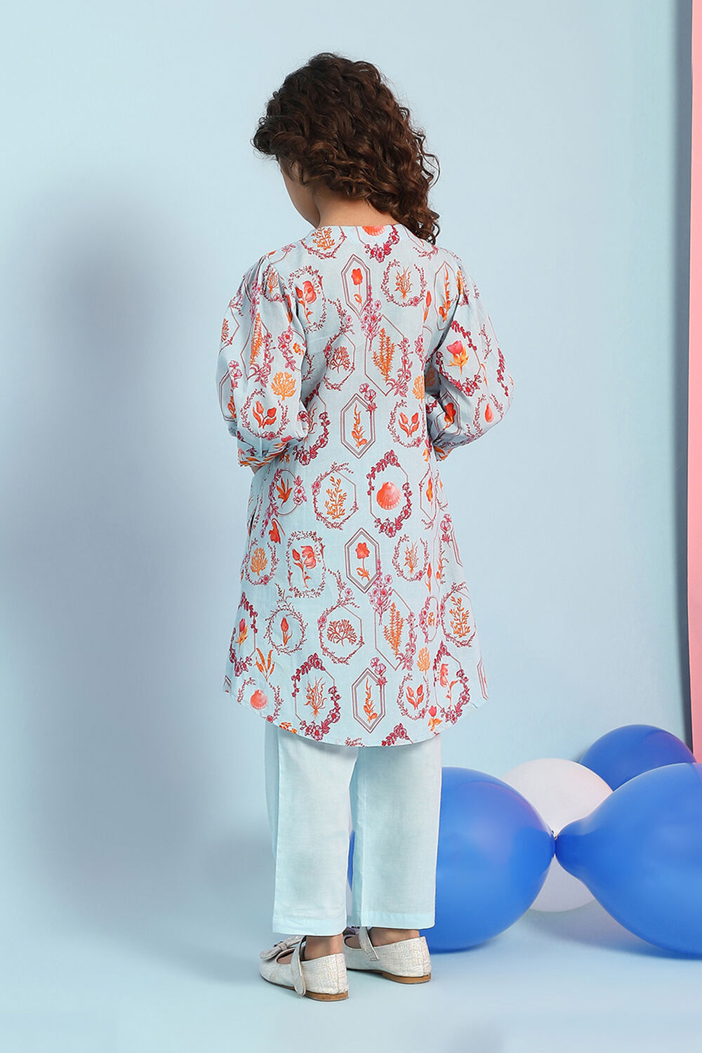 Sky Blue Cotton Floral Gathered Kurta Set image number 4