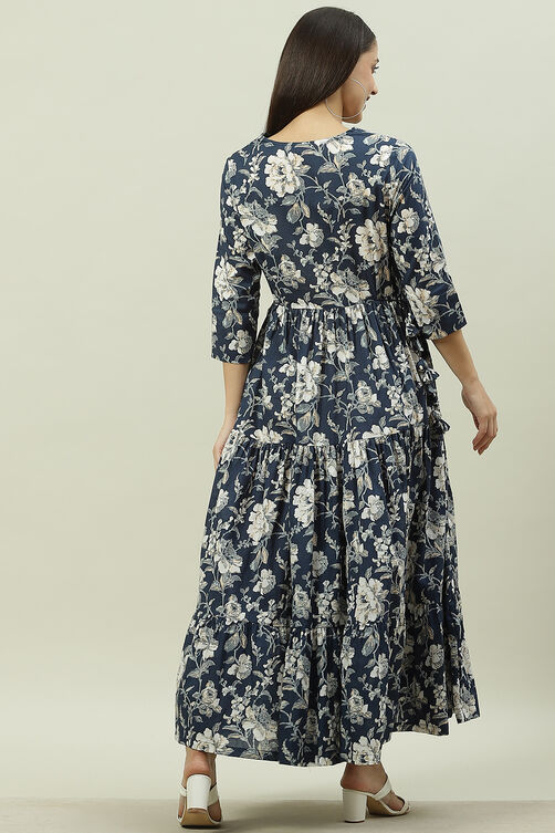 Navy Cotton Tiered Printed Dress image number 4
