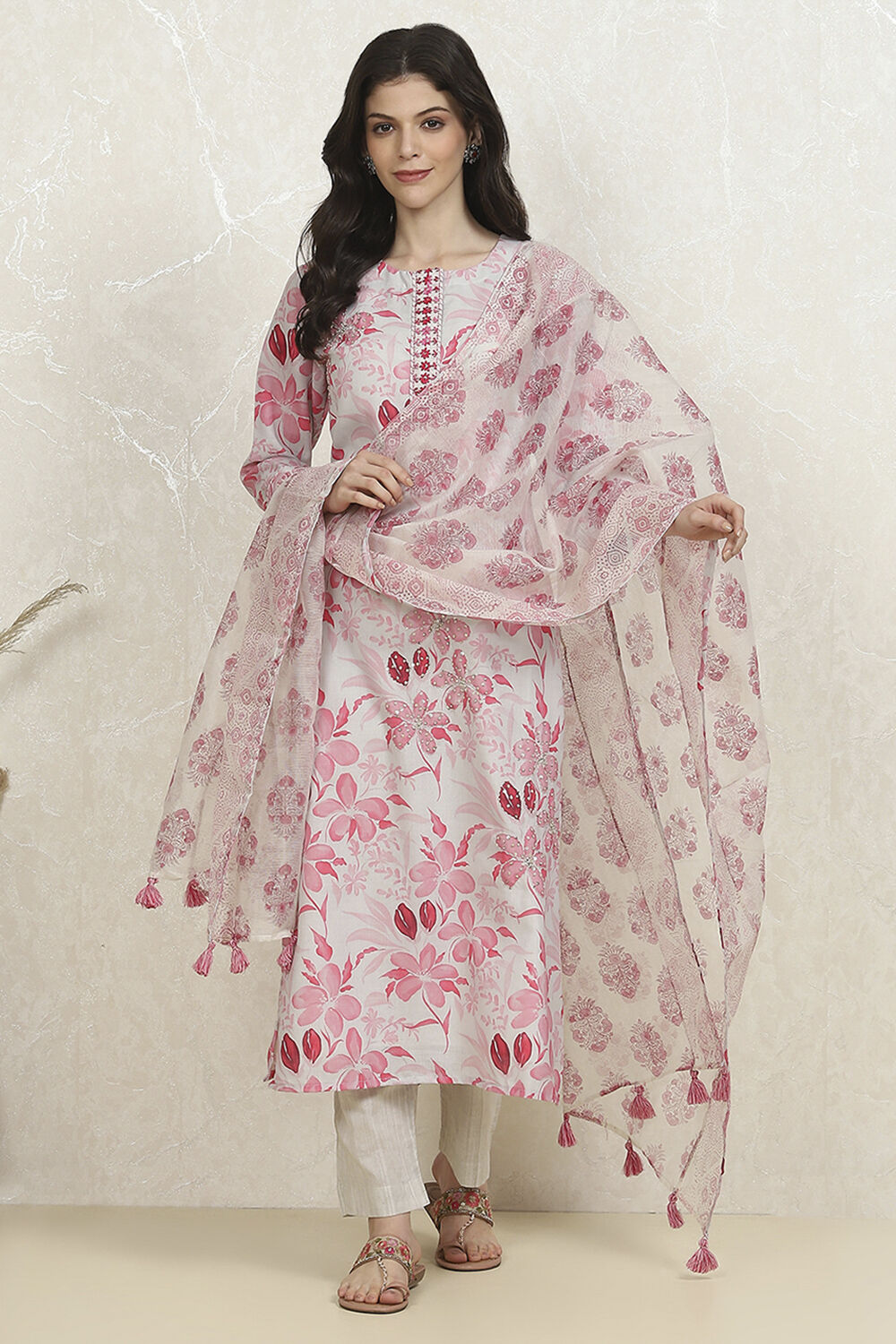 Pink and White Cotton Printed Unstitched Suit Set image number 1