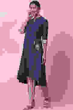 Navy Blue Rayon A-Line Kurta Slim Pant Suit Set image number 3