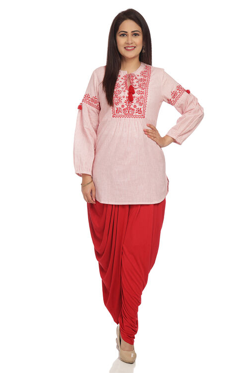 Red Cotton Short Kurta & Pants Set Kurta Dhoti Pants Suit Set image number 0
