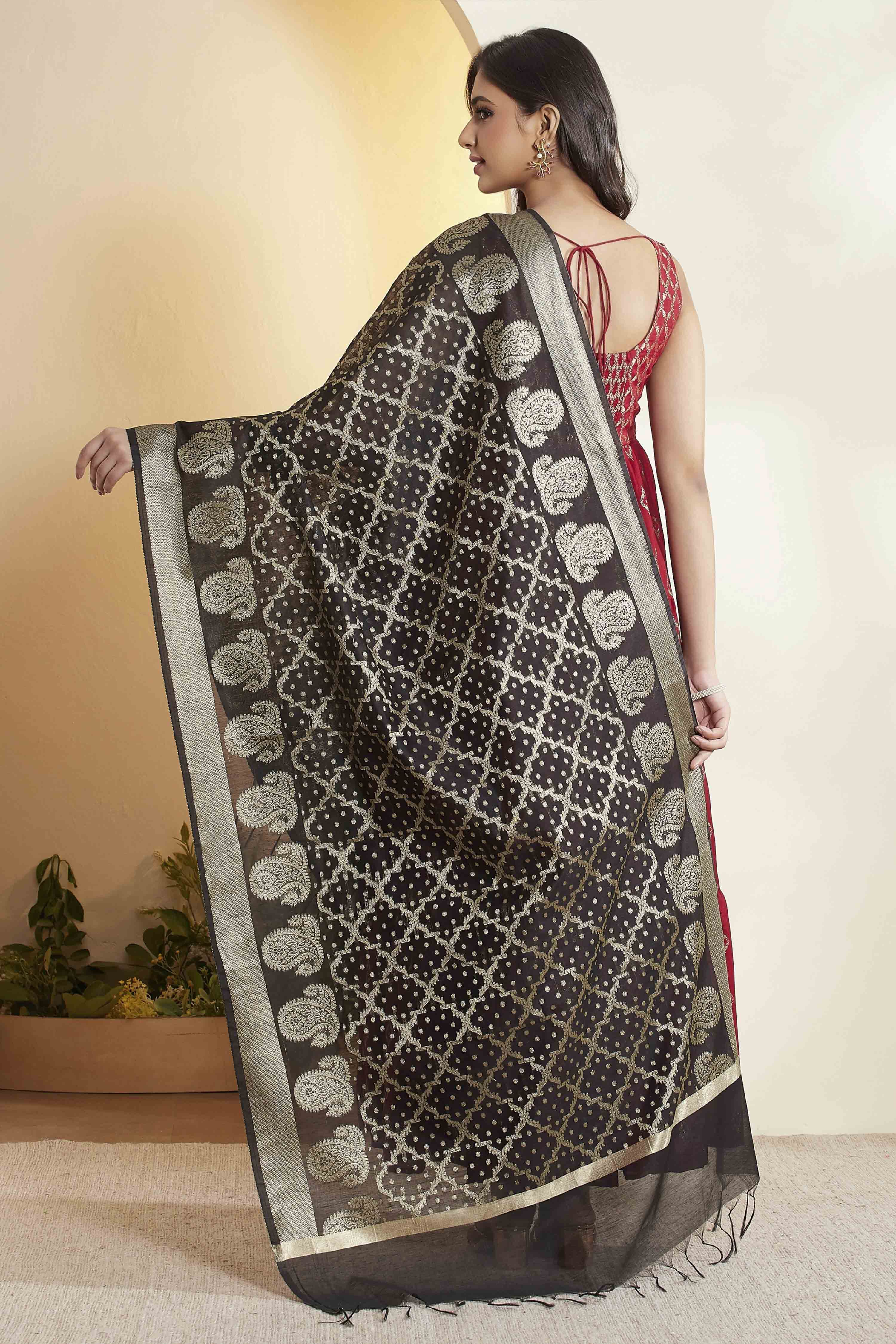 Black Poly Woven Design Dupatta image number 5