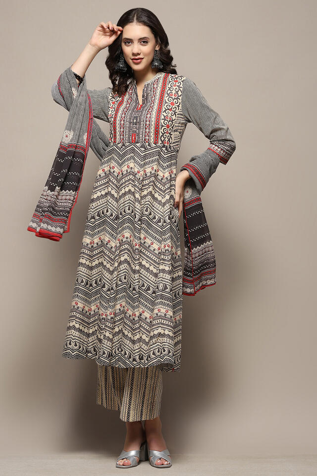 BIBA Beige Cotton Anarkali Suit Set in Beige