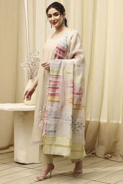 Beige Chanderi Embroidered Unstitched Suit Set image number 4