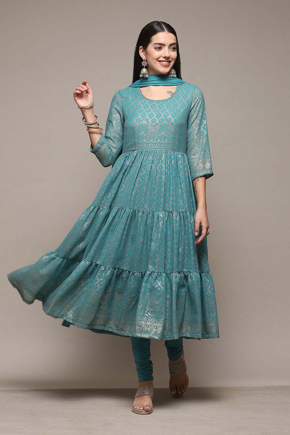 Sea Green Polyester Anarkali Kurta Churidar Suit Set image number 0