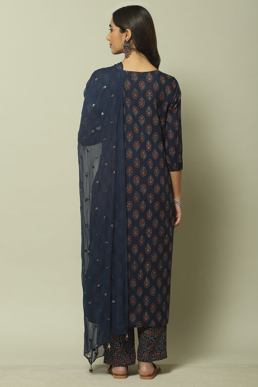 Indigo Cotton Hand Block Print Unstitched Suit Set image number 2