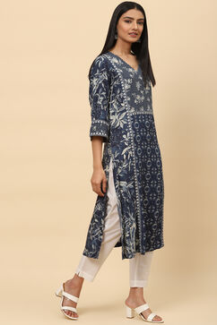 Navy LIVA A-Line Printed Kurta image number 3
