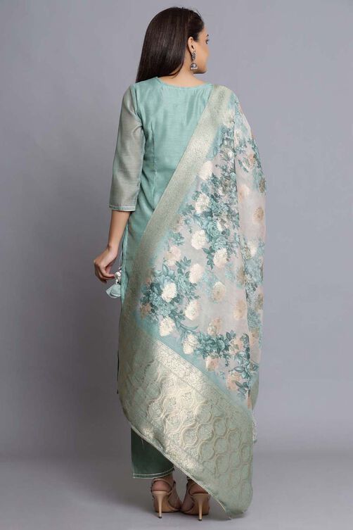 Green Unstitched dress material Suit Set image number 4