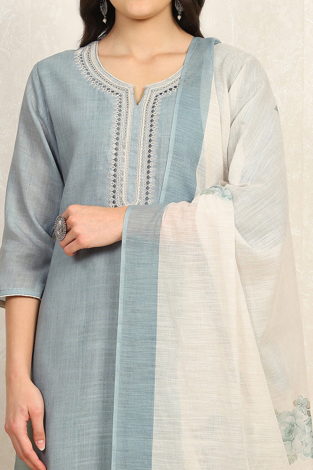 Teal Cotton Unstitched Suit Set image number 2