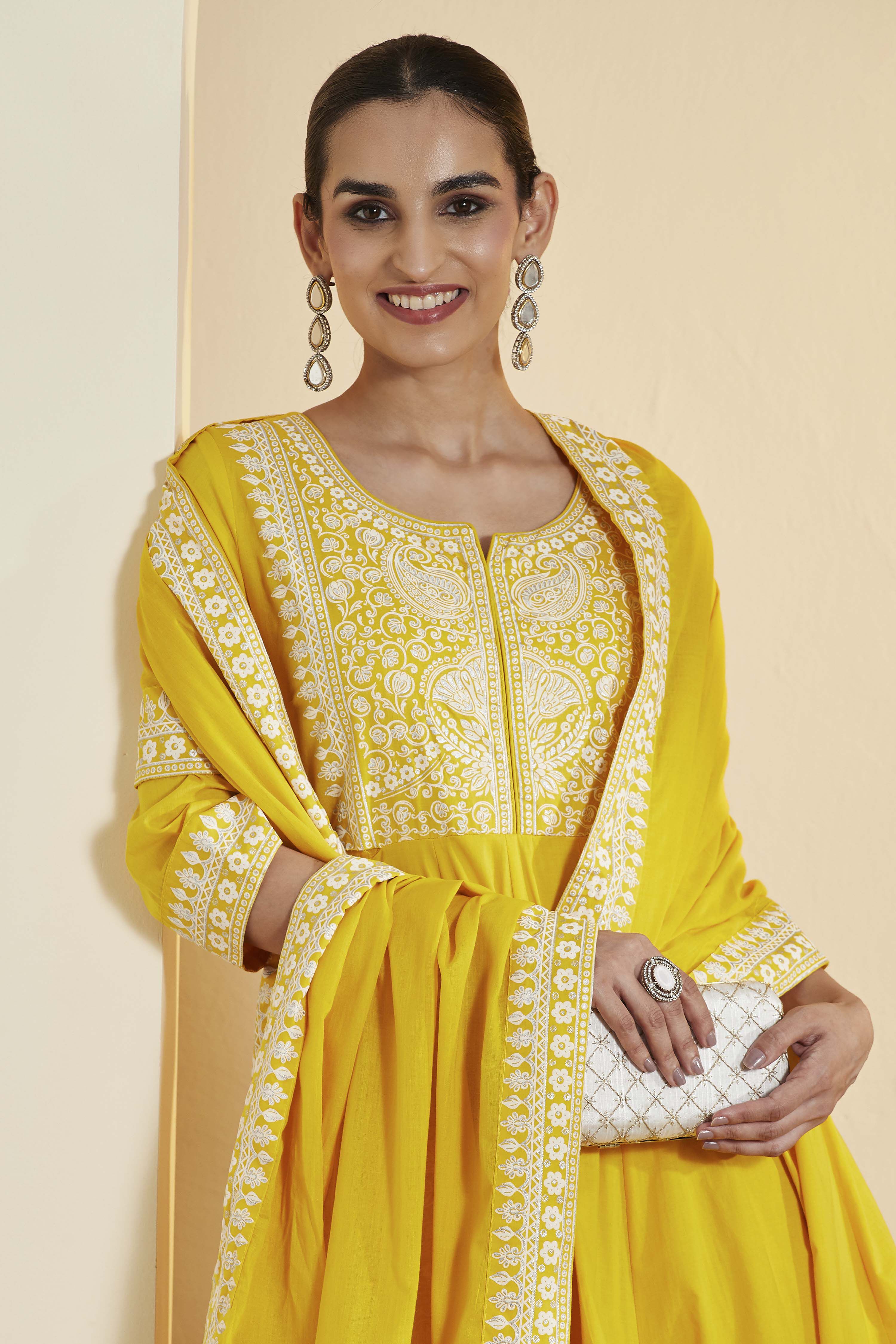 Yellow Cotton Embroidered Anarkali Kurta Set image number 1