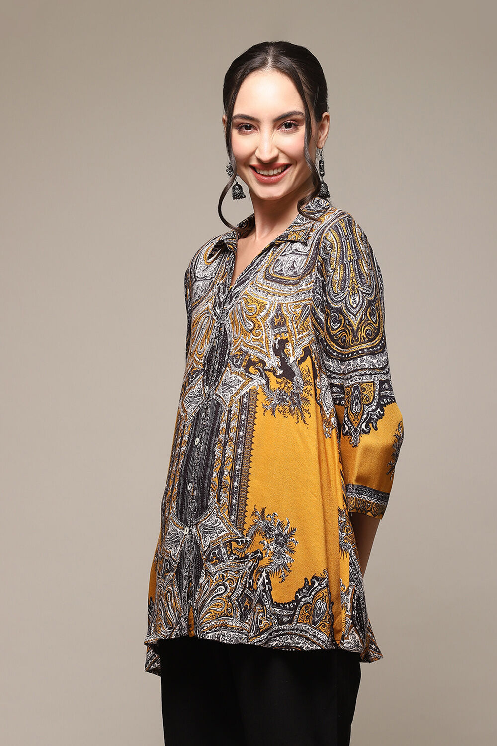 Mustard LIVA Straight Printed Shirt image number 2